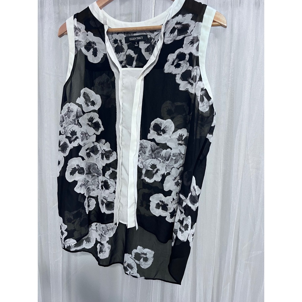 Ellen Tracy Womens Black White Floral Chiffon Sleeveless High‎ Low Blouse Large